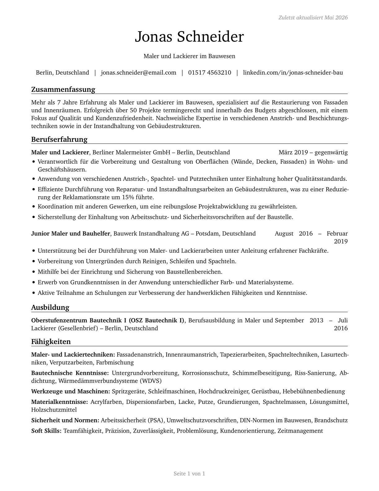 Painters, Construction and Maintenance CV in German — page 1