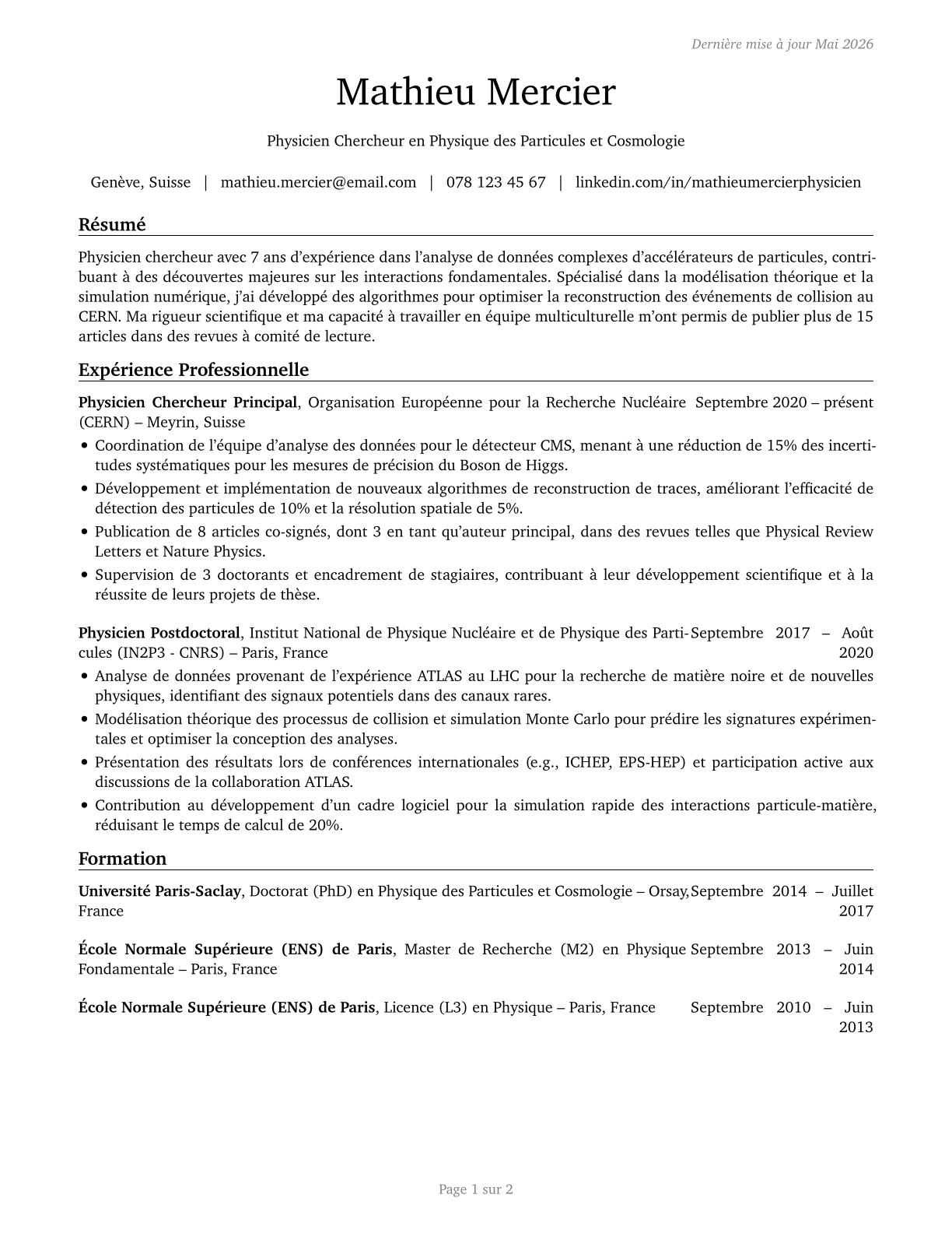 Physicists CV in French — page 1