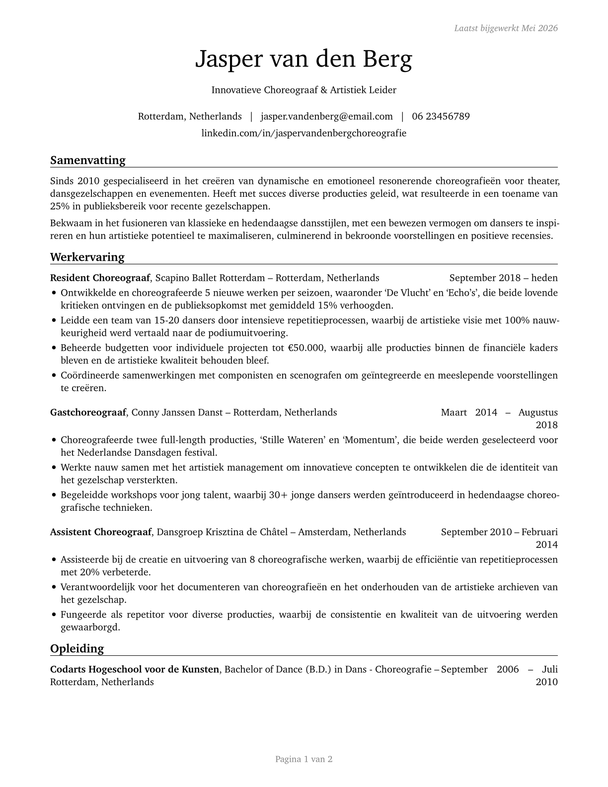 Choreographers CV in Dutch — page 1