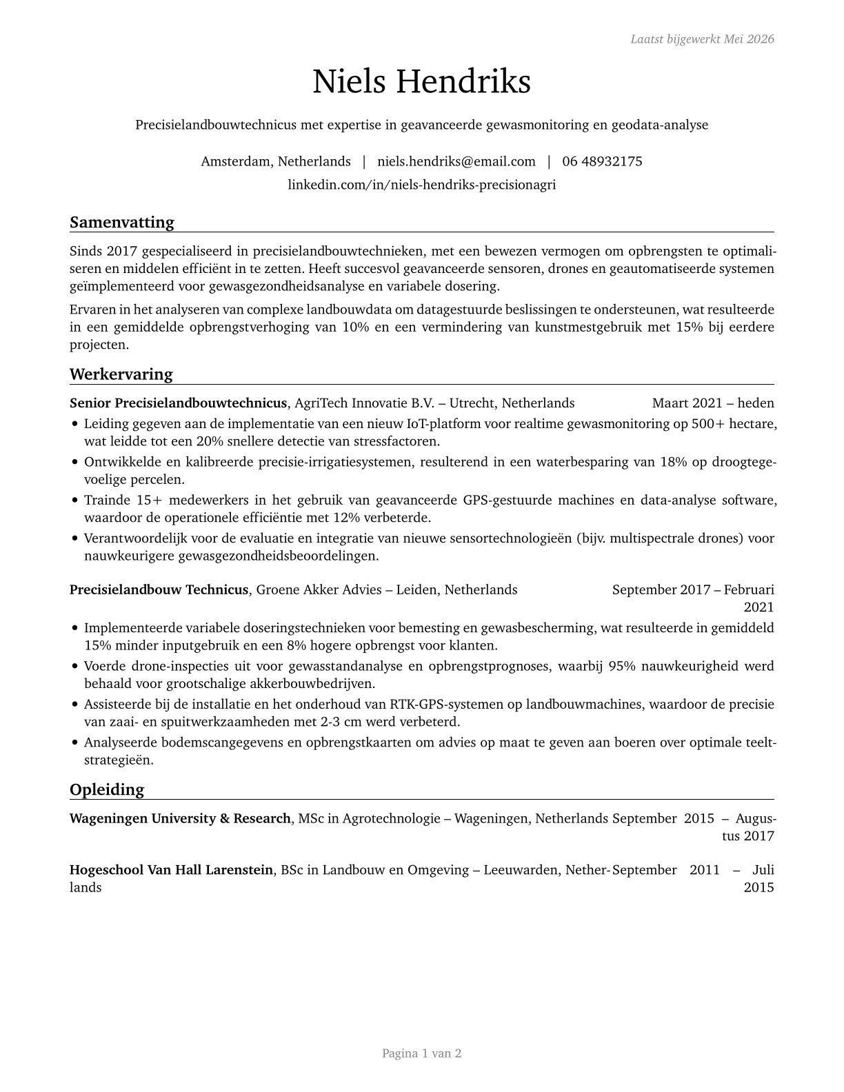Precision Agriculture Technicians CV in Dutch — page 1