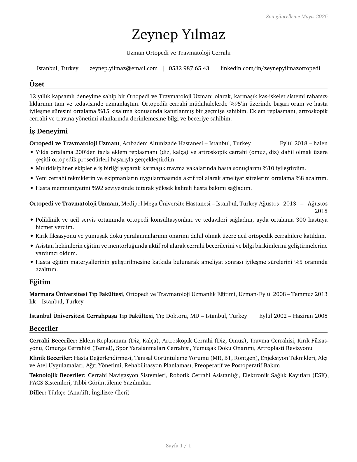 Orthopedic Surgeons, Except Pediatric CV in Turkish — page 1