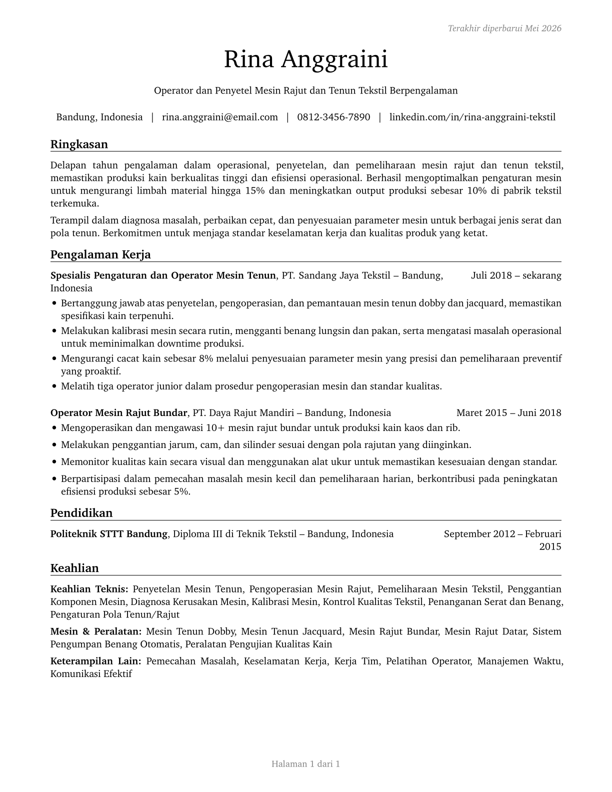 Textile Knitting and Weaving Machine Setters, Operators, and Tenders CV in Indonesian — page 1