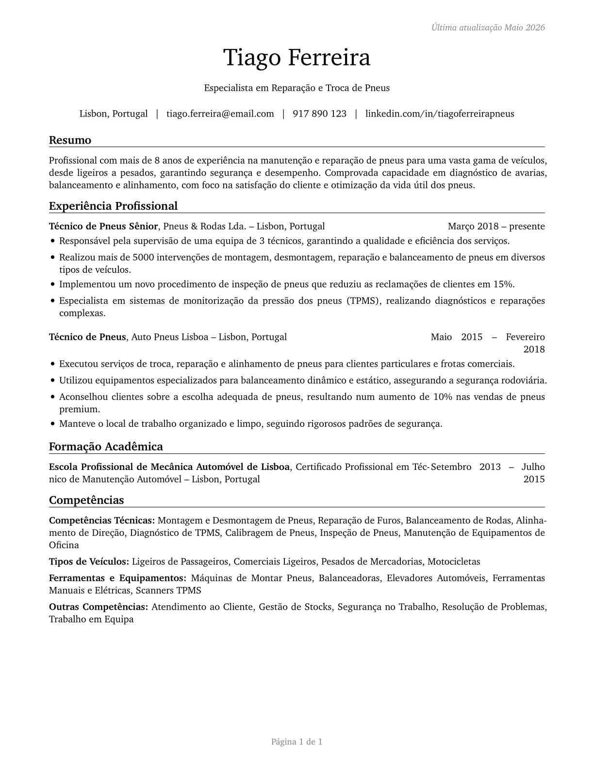 Tire Repairers and Changers CV in Portuguese — page 1