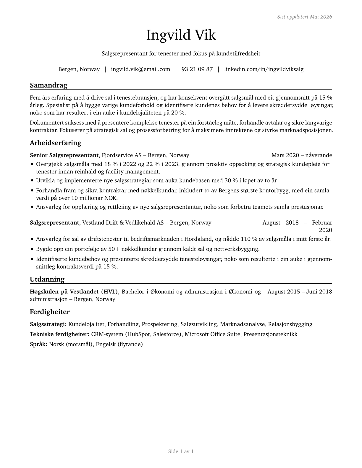 Sales Representatives of Services, Except Advertising, Insurance, Financial Services, and Travel CV in Norwegian_nynorsk — page 1