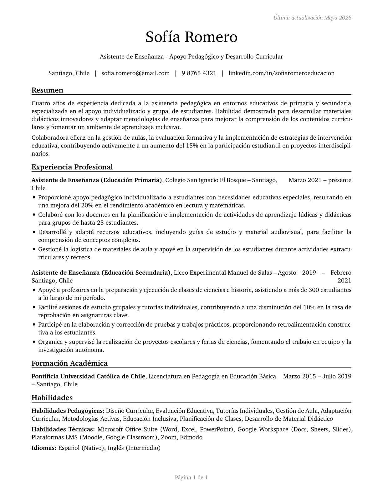 Teaching Assistants, All Other CV in Spanish — page 1