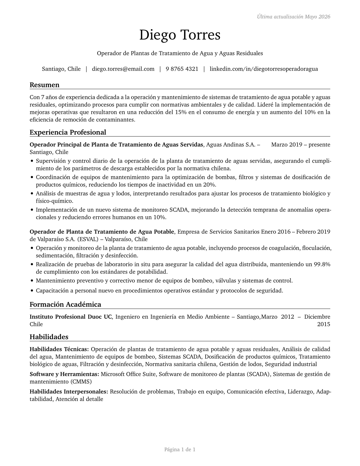 Water and Wastewater Treatment Plant and System Operators CV in Spanish — page 1