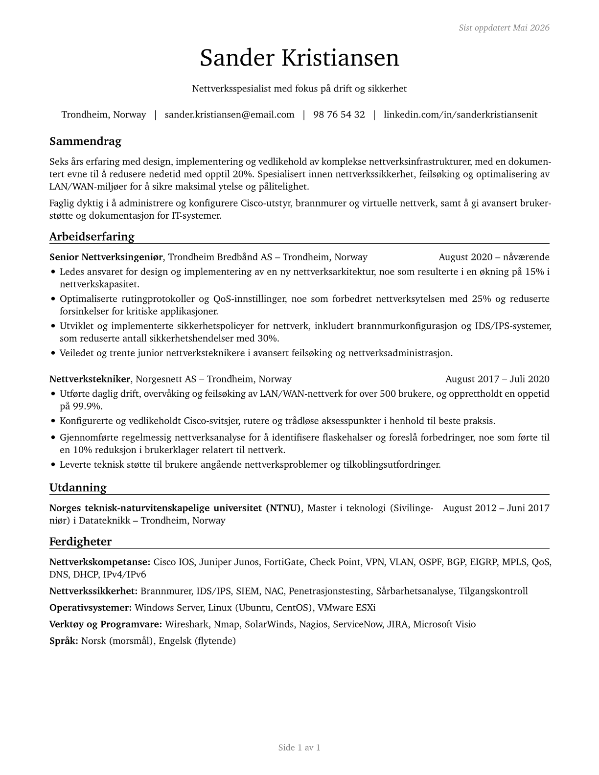 Computer Network Support Specialists CV in Norwegian_bokmal — page 1