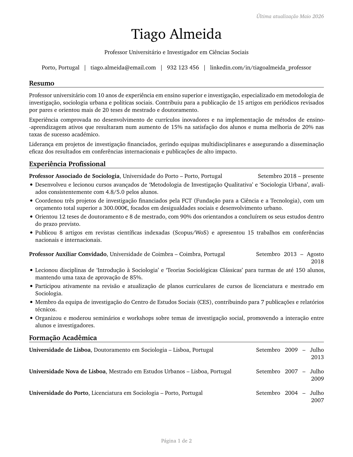 Postsecondary Teachers, All Other CV in Portuguese — page 1