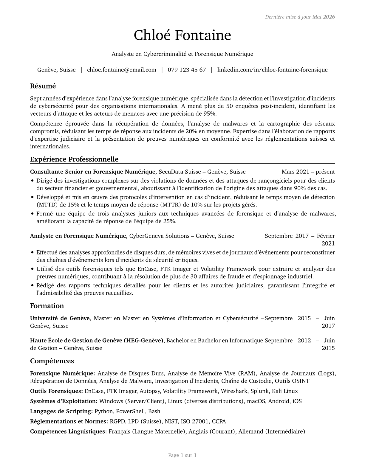 Digital Forensics Analysts CV in French — page 1