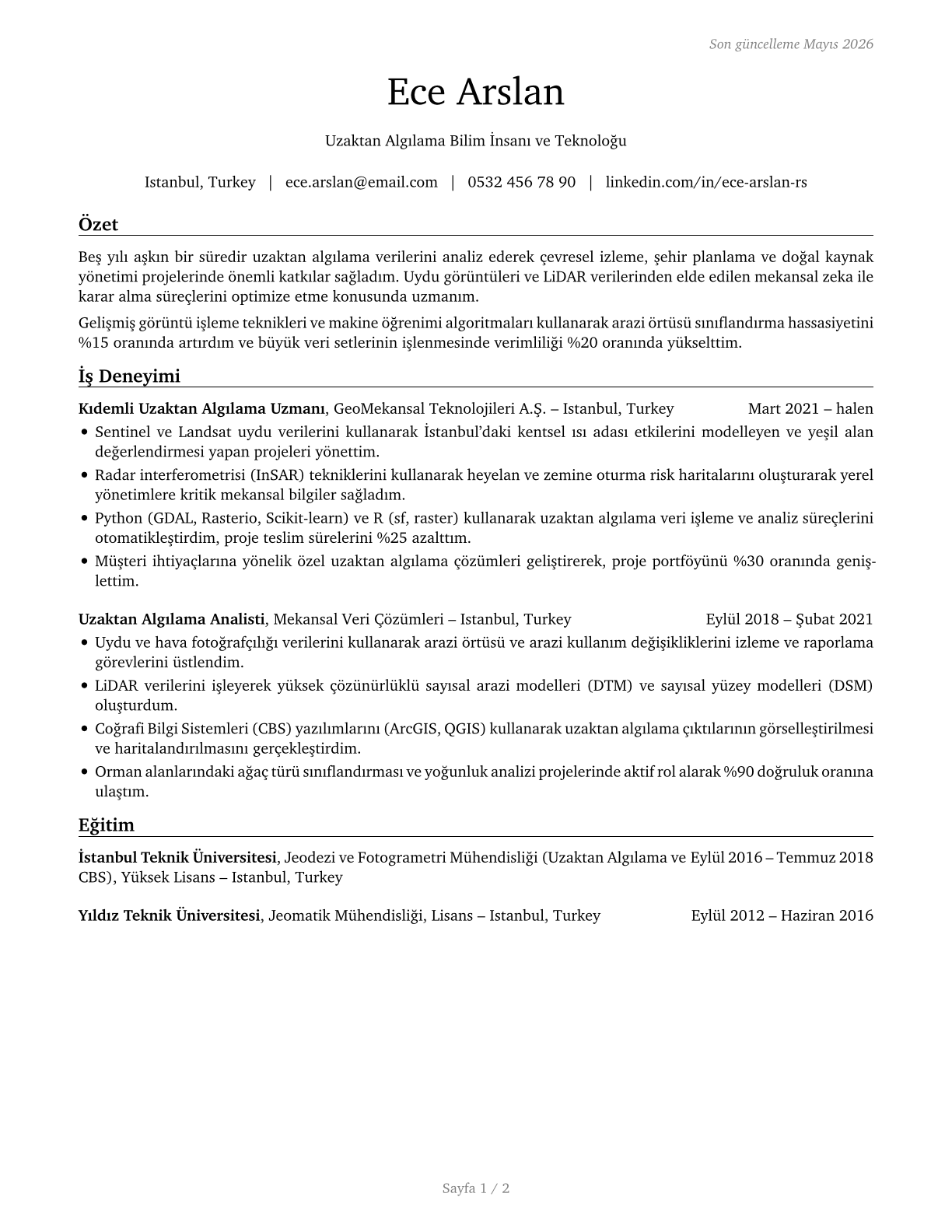Remote Sensing Scientists and Technologists CV in Turkish — page 1