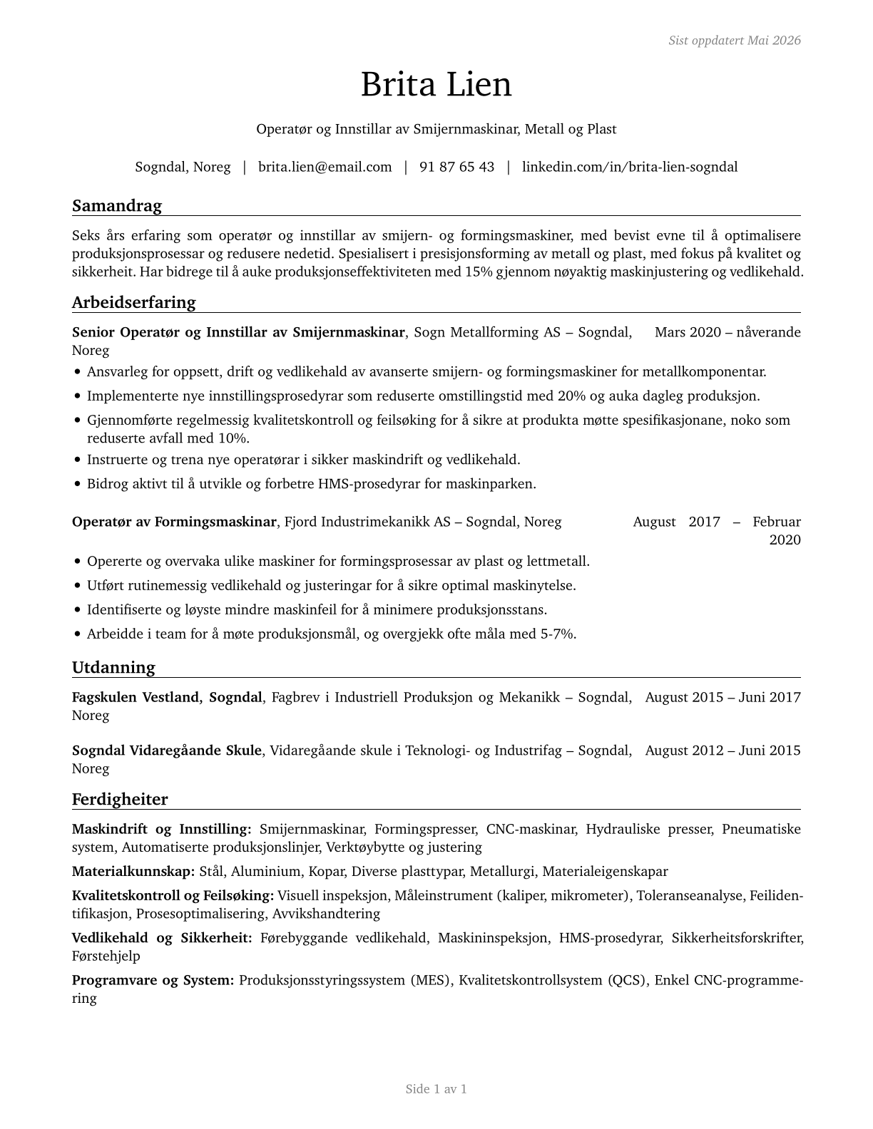 Forging Machine Setters, Operators, and Tenders, Metal and Plastic CV in Norwegian_nynorsk — page 1