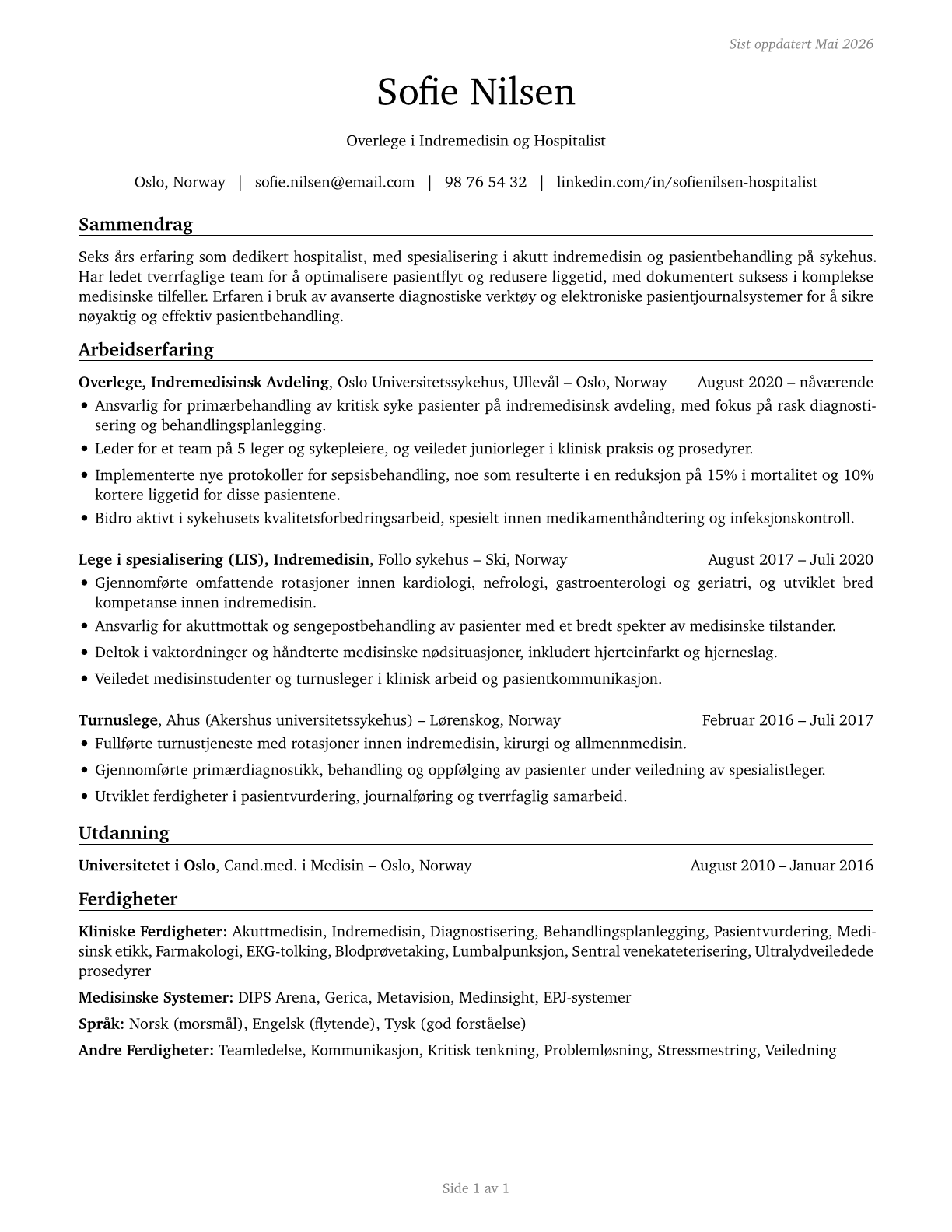 Hospitalists CV in Norwegian_bokmal — page 1