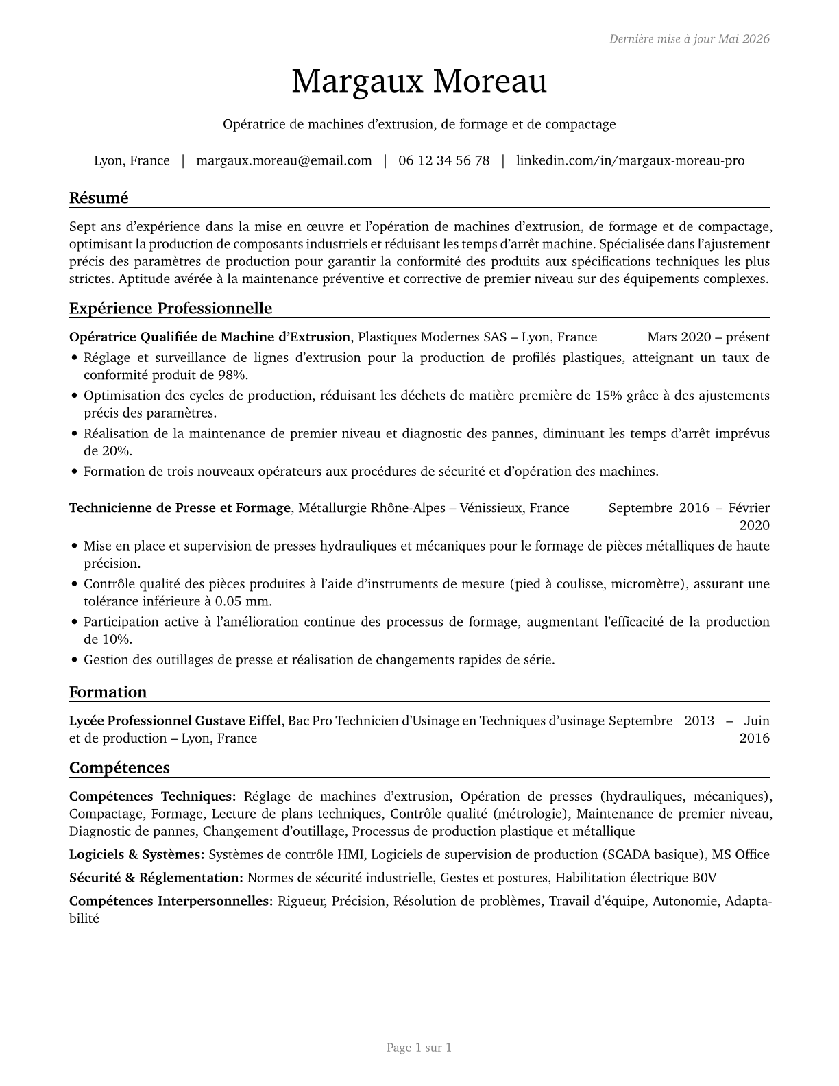 Extruding, Forming, Pressing, and Compacting Machine Setters, Operators, and Tenders CV in French — page 1