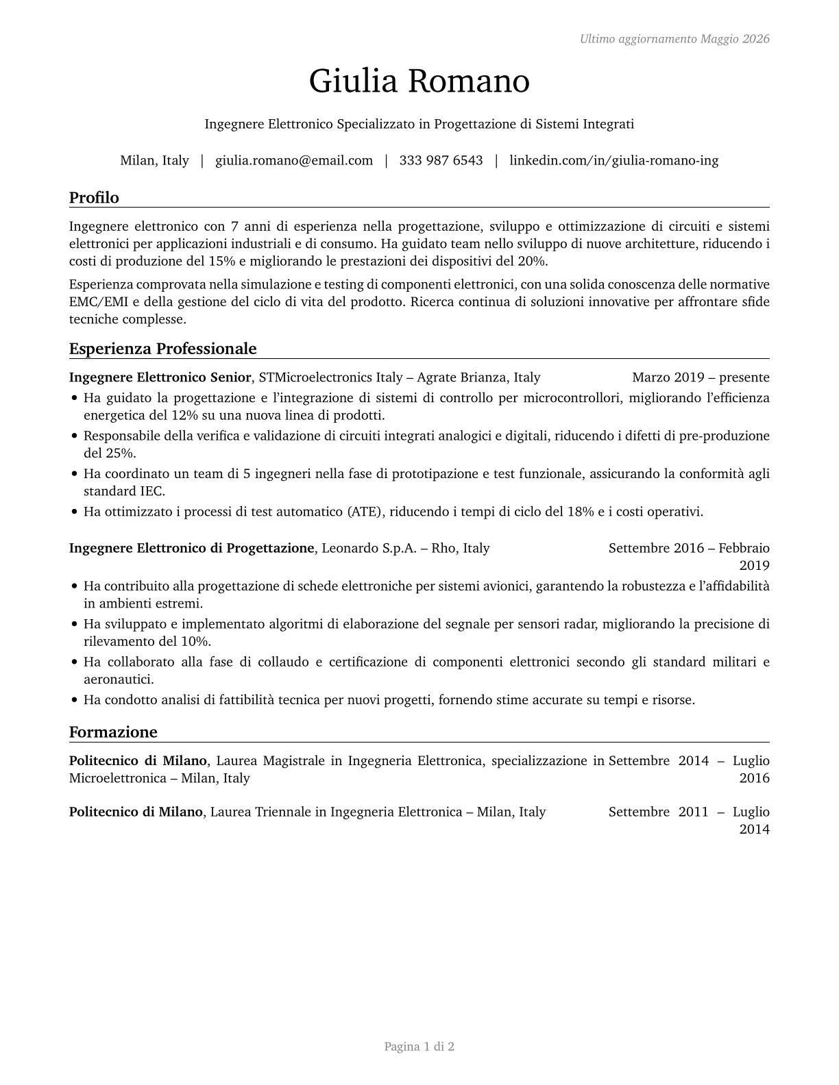 Electronics Engineers, Except Computer CV in Italian — page 1