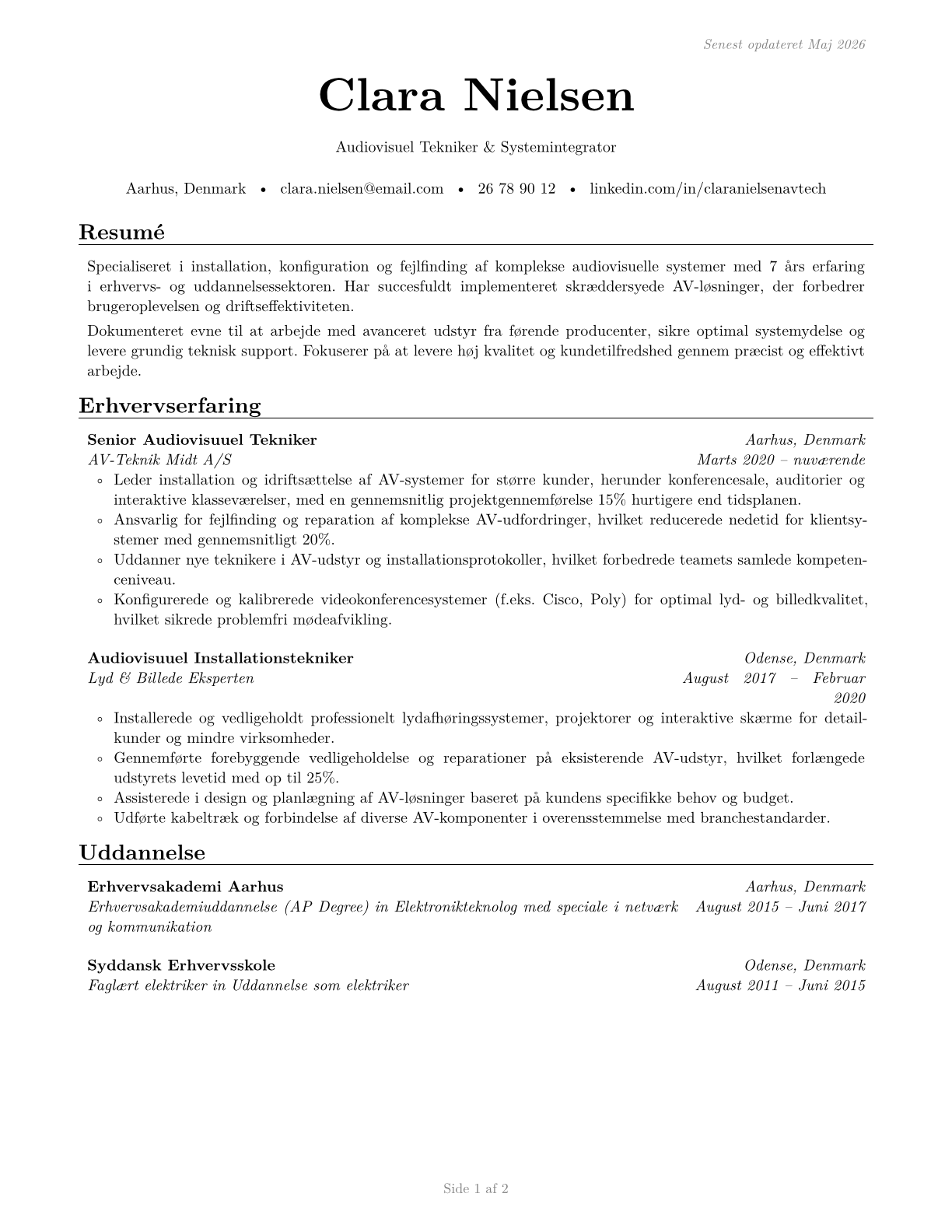 Audiovisual Equipment Installers and Repairers CV in Danish — page 1
