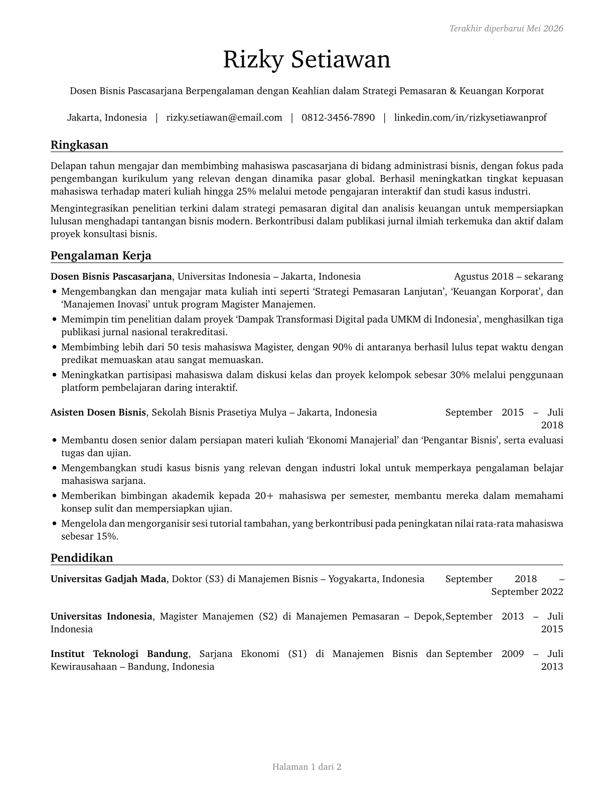 Business Teachers, Postsecondary CV in Indonesian — page 1