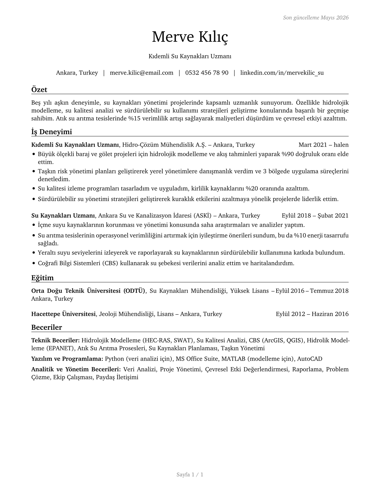 Water Resource Specialists CV in Turkish — page 1