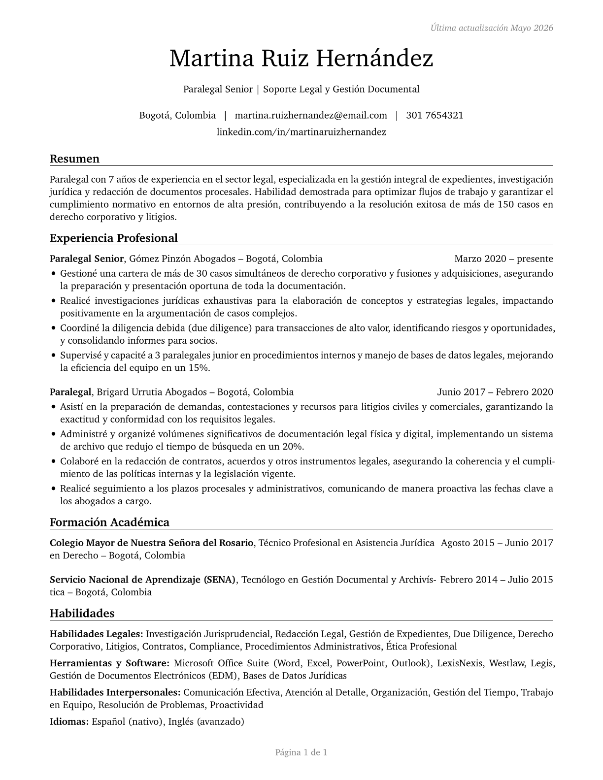 Paralegals and Legal Assistants CV in Spanish — page 1