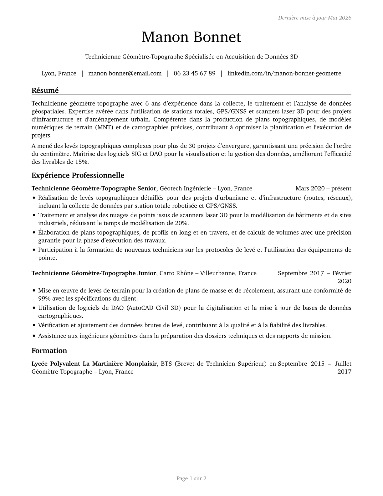 Surveying and Mapping Technicians CV in French — page 1