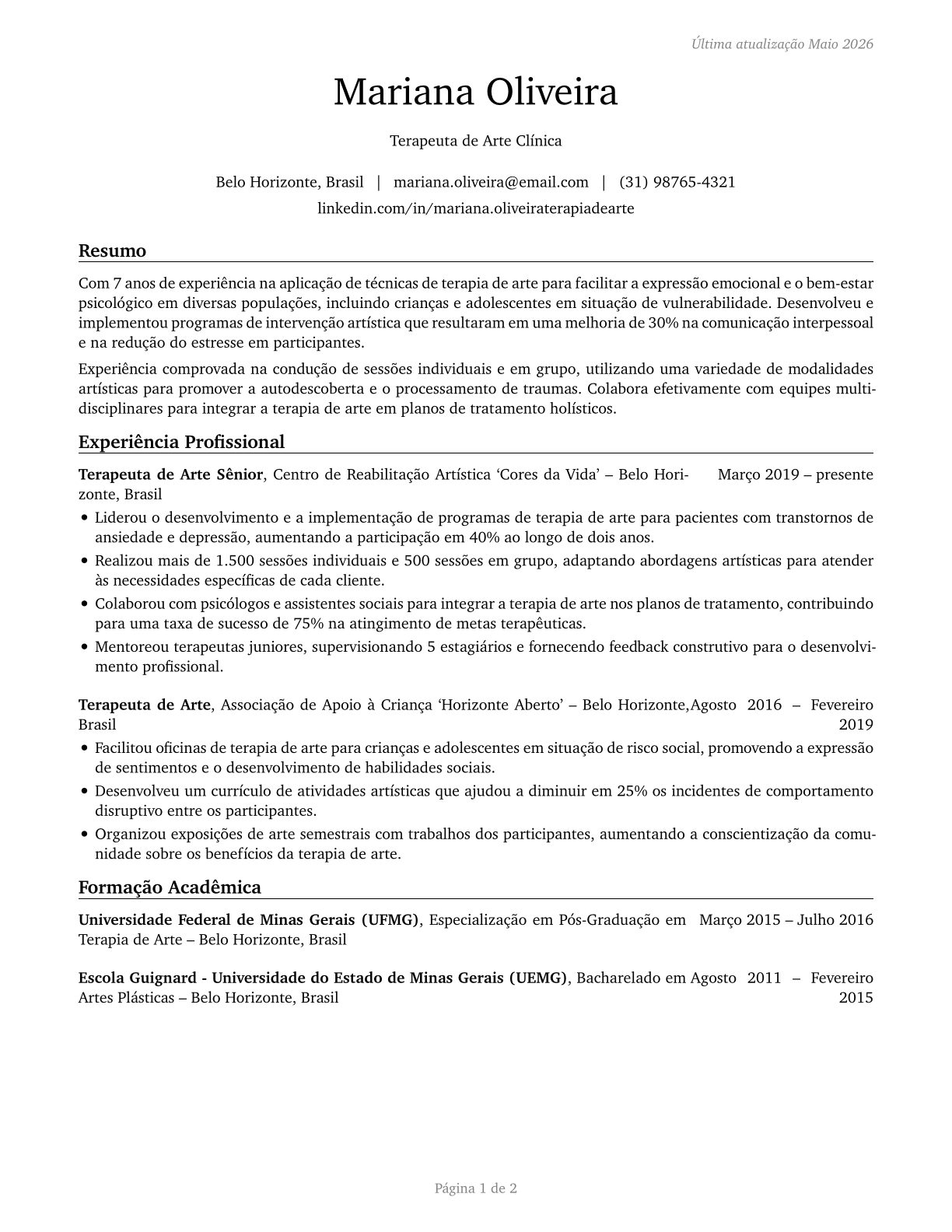 Art Therapists CV in Portuguese — page 1