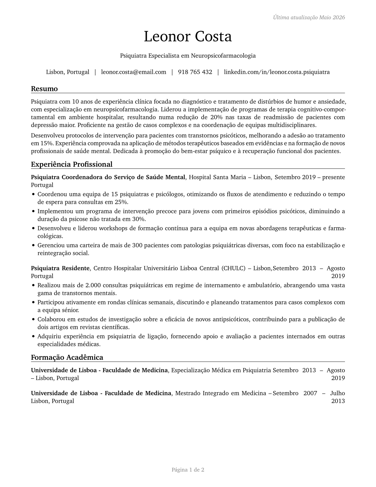 Psychiatrists CV in Portuguese — page 1