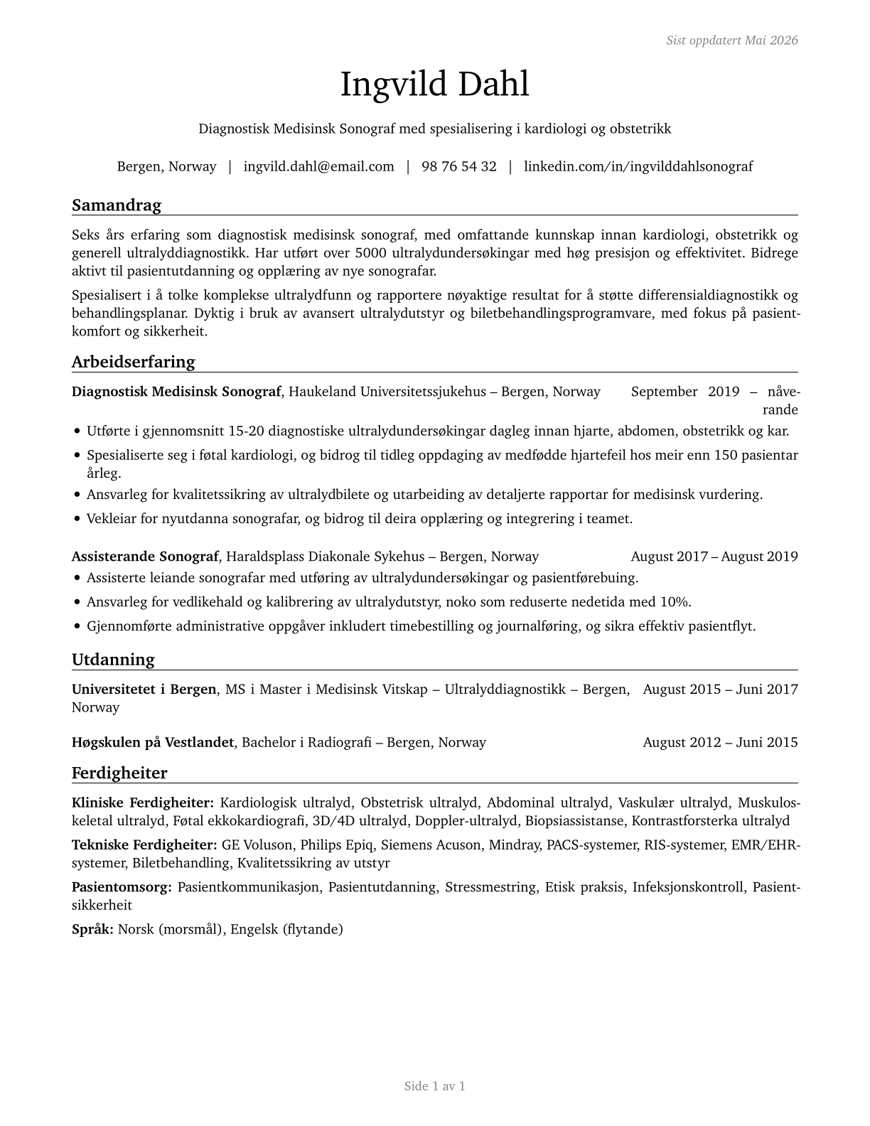 Diagnostic Medical Sonographers CV in Norwegian_nynorsk — page 1