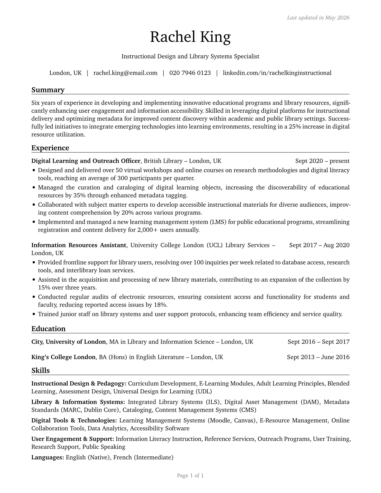 Educational Instruction and Library Workers, All Other CV in English — page 1
