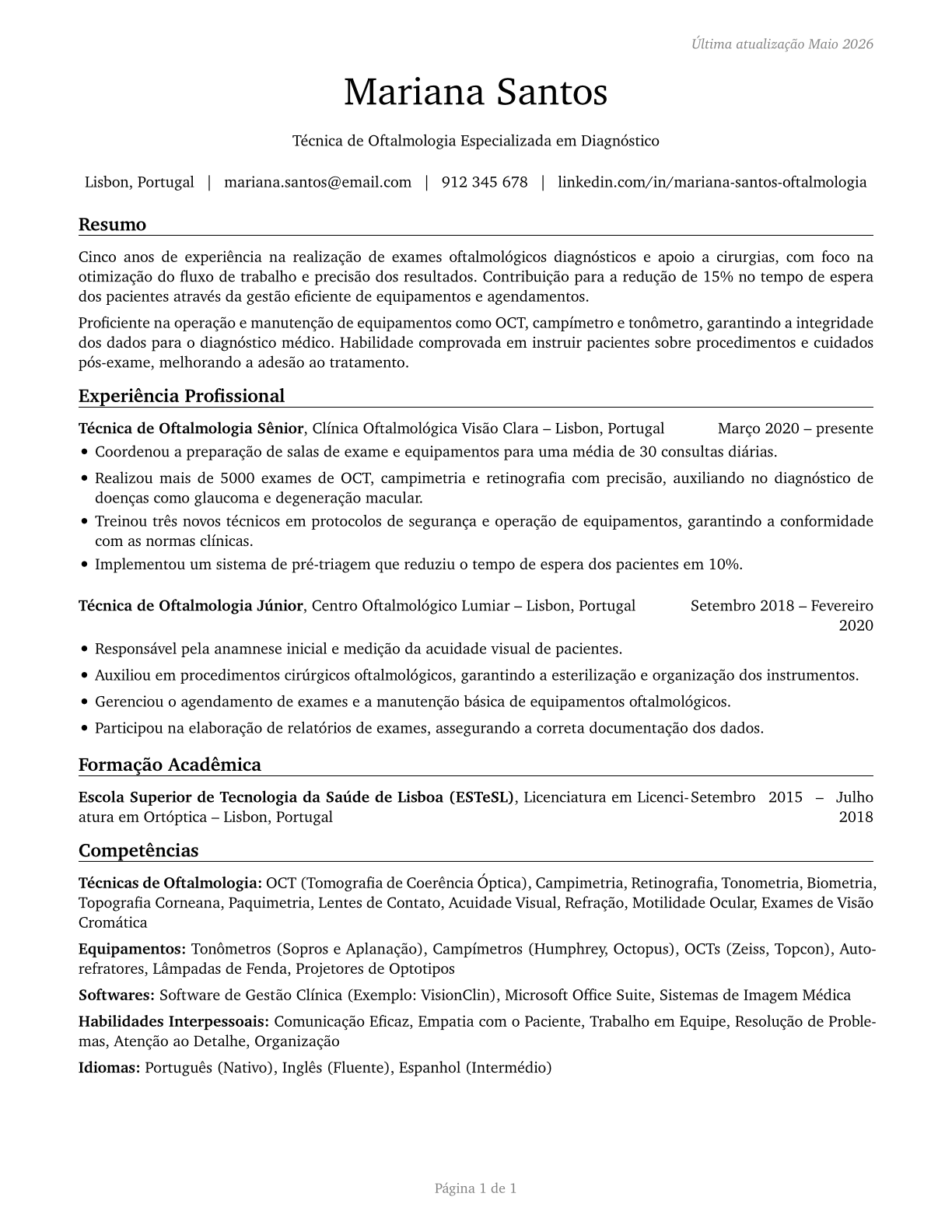Ophthalmic Medical Technicians CV in Portuguese — page 1