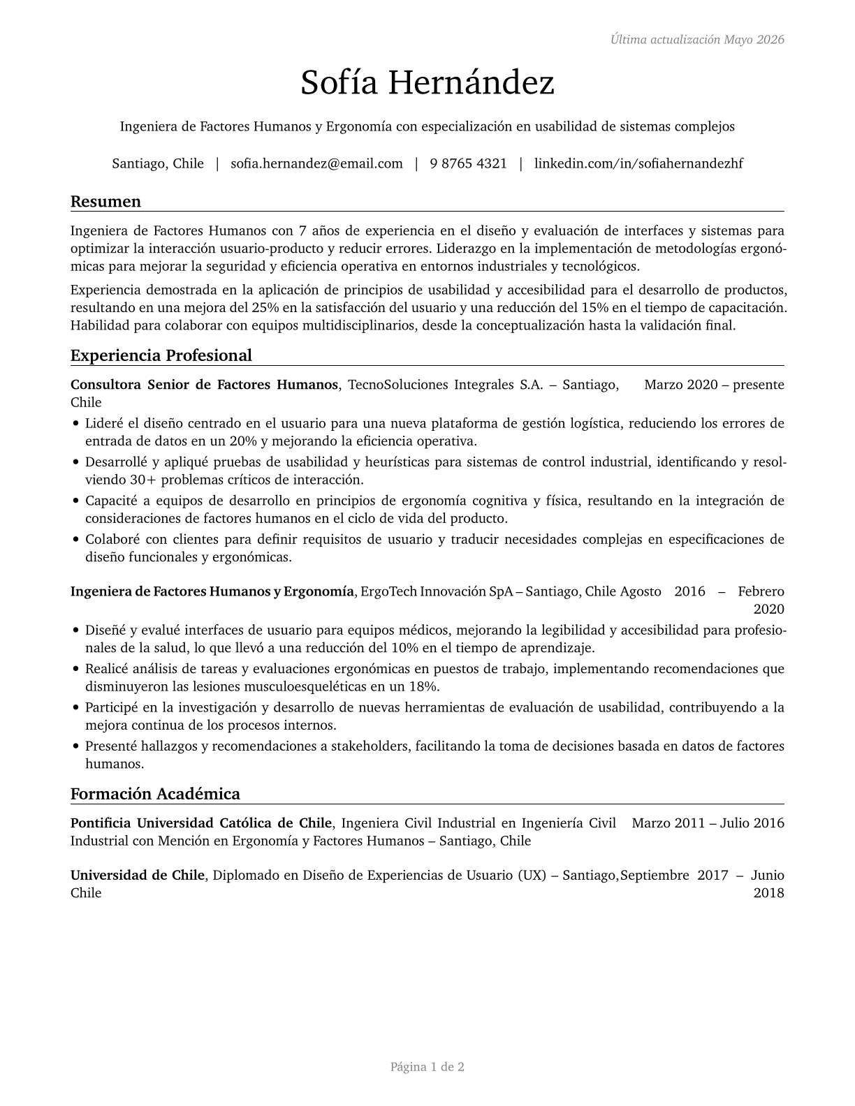 Human Factors Engineers and Ergonomists CV in Spanish — page 1