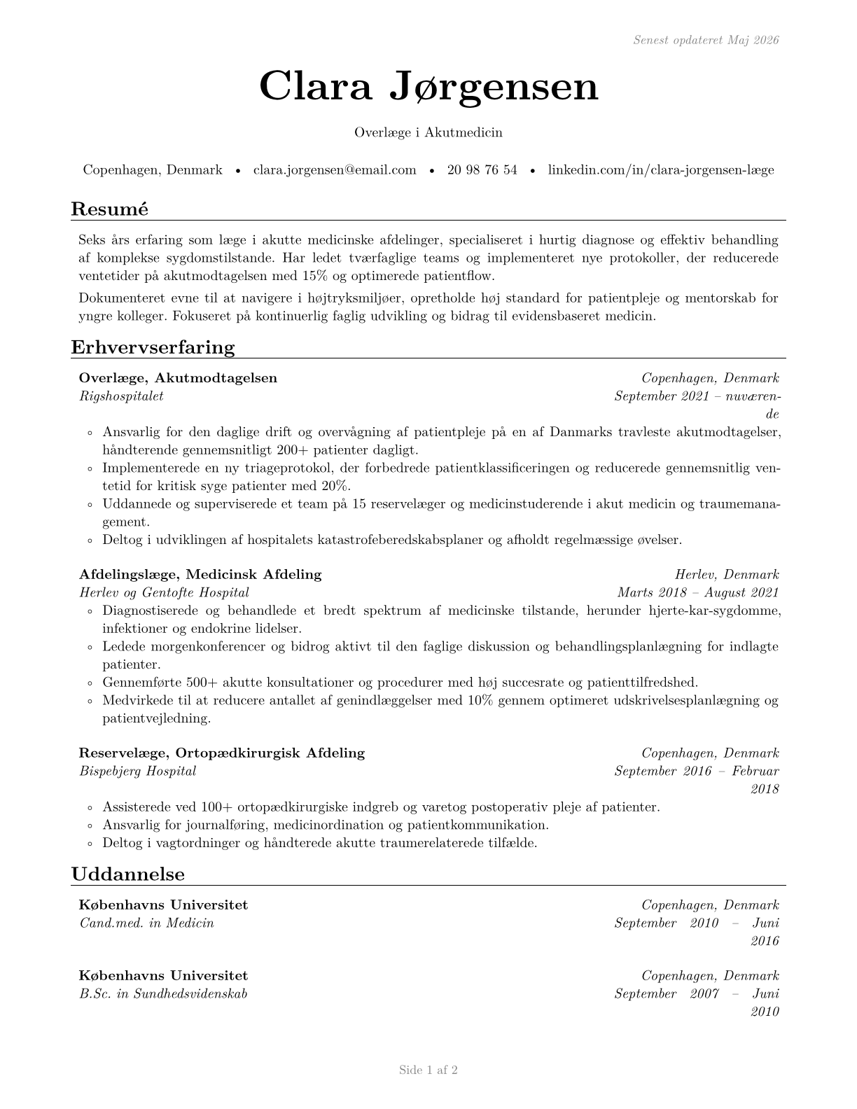 Physicians, All Other CV in Danish — page 1