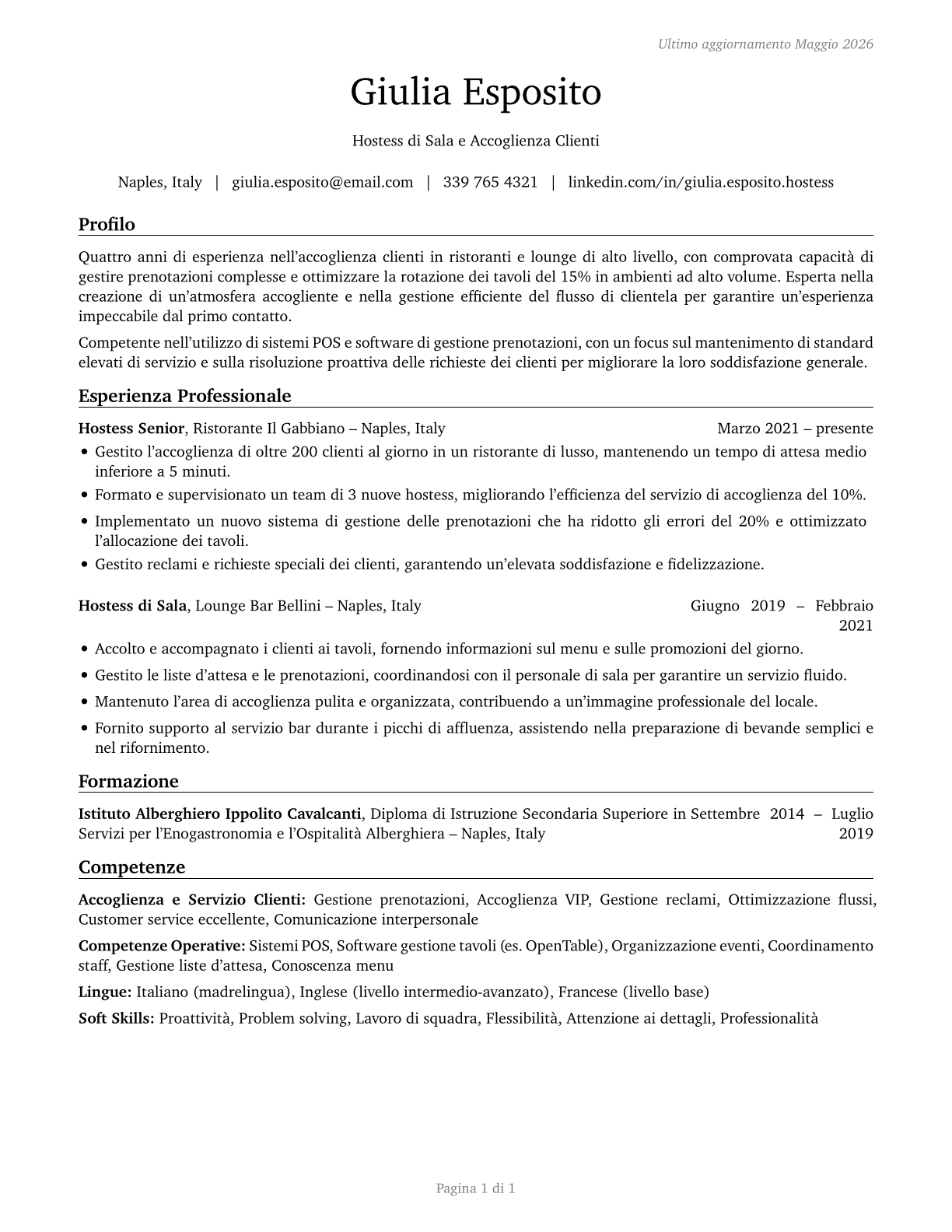 Hosts and Hostesses, Restaurant, Lounge, and Coffee Shop CV in Italian — page 1