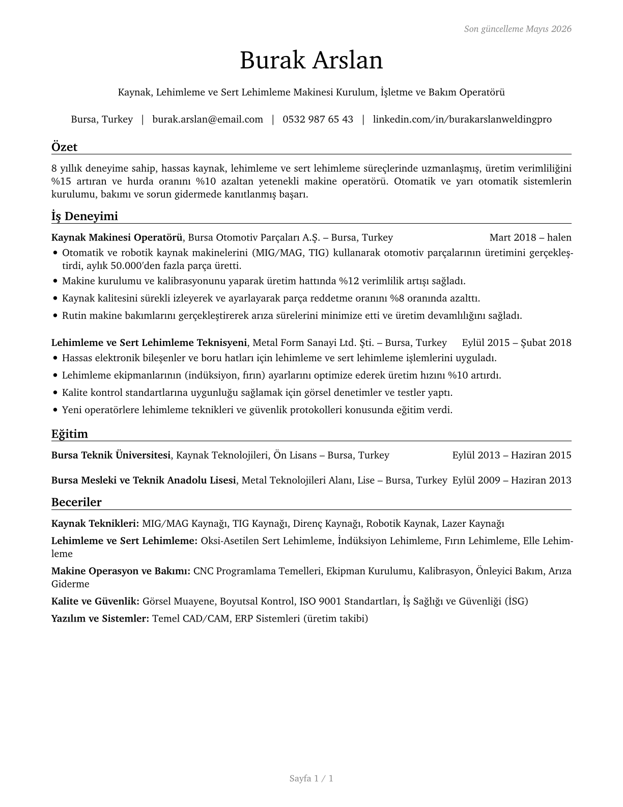 Welding, Soldering, and Brazing Machine Setters, Operators, and Tenders CV in Turkish — page 1