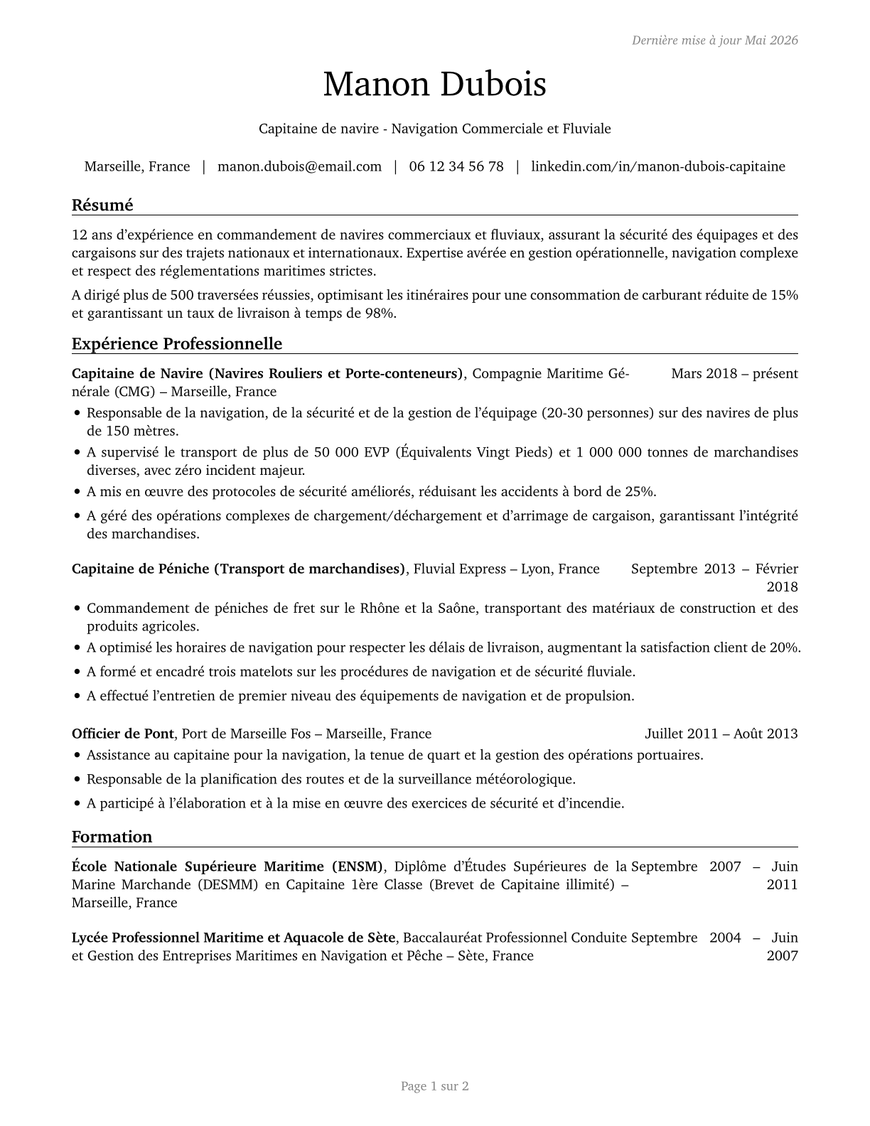 Captains, Mates, and Pilots of Water Vessels CV in French — page 1