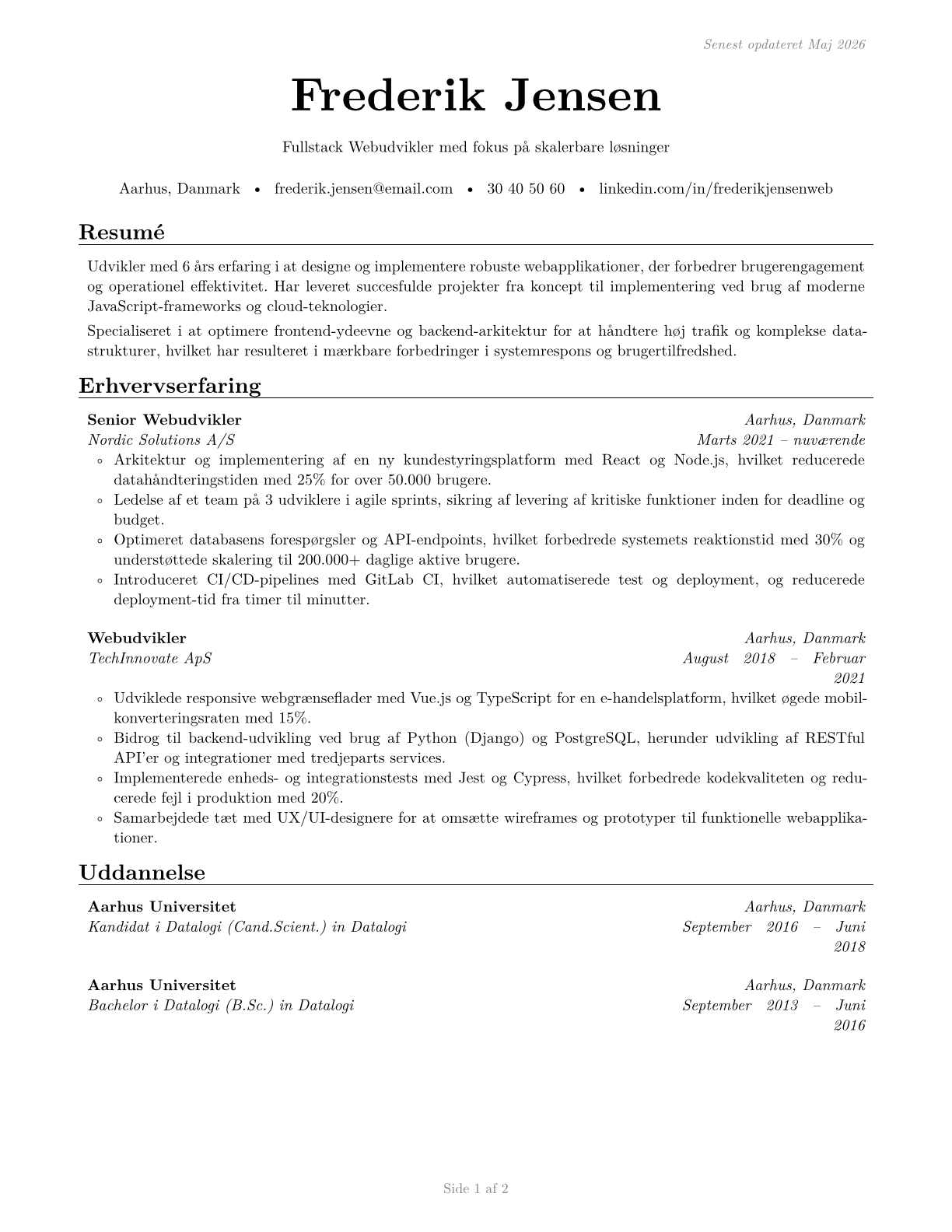 Web Developers CV in Danish — page 1