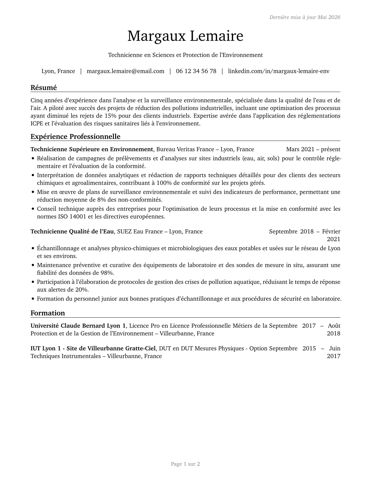 Environmental Science and Protection Technicians, Including Health CV in French — page 1