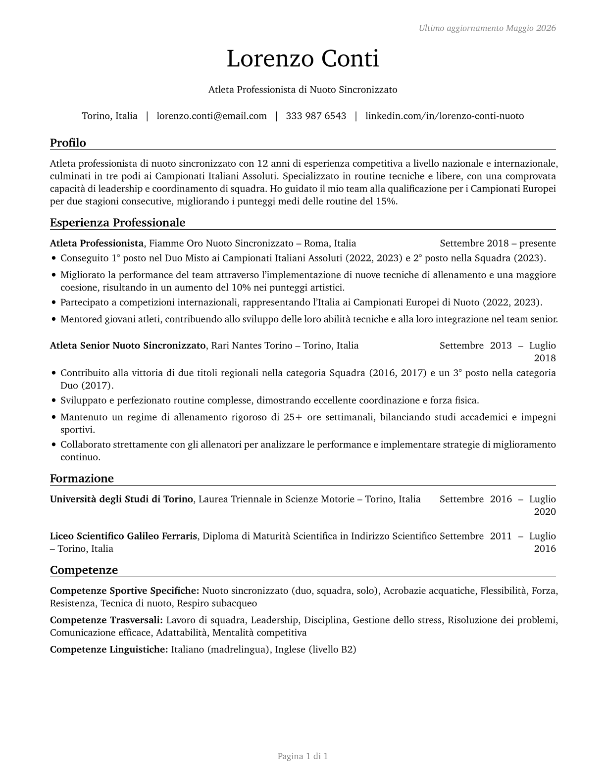 Athletes and Sports Competitors CV in Italian — page 1