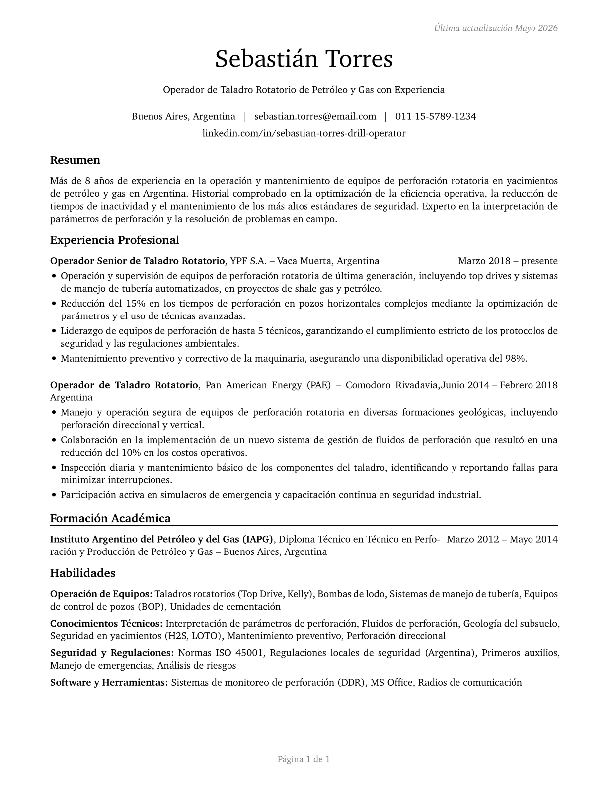 Rotary Drill Operators, Oil and Gas CV in Spanish — page 1