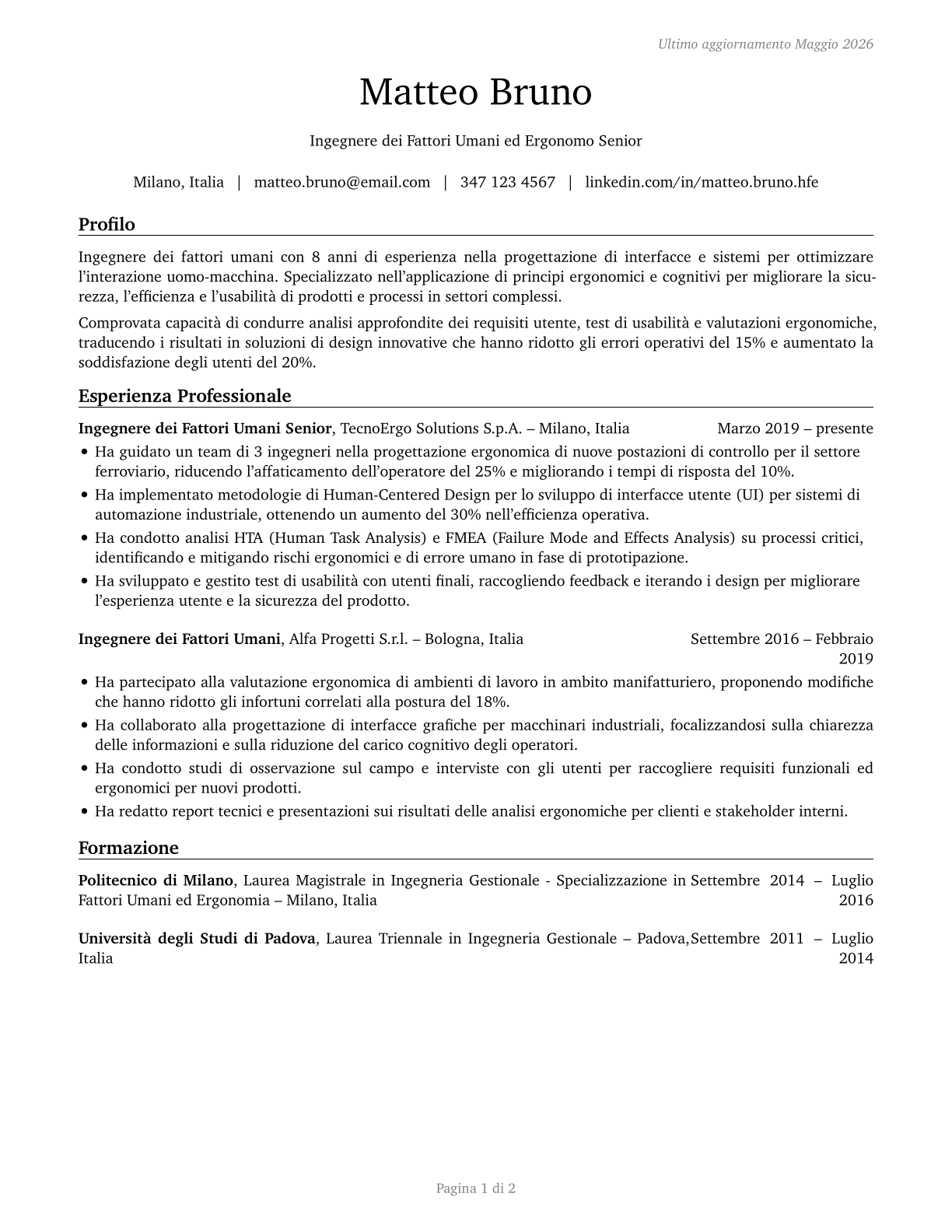 Human Factors Engineers and Ergonomists CV in Italian — page 1