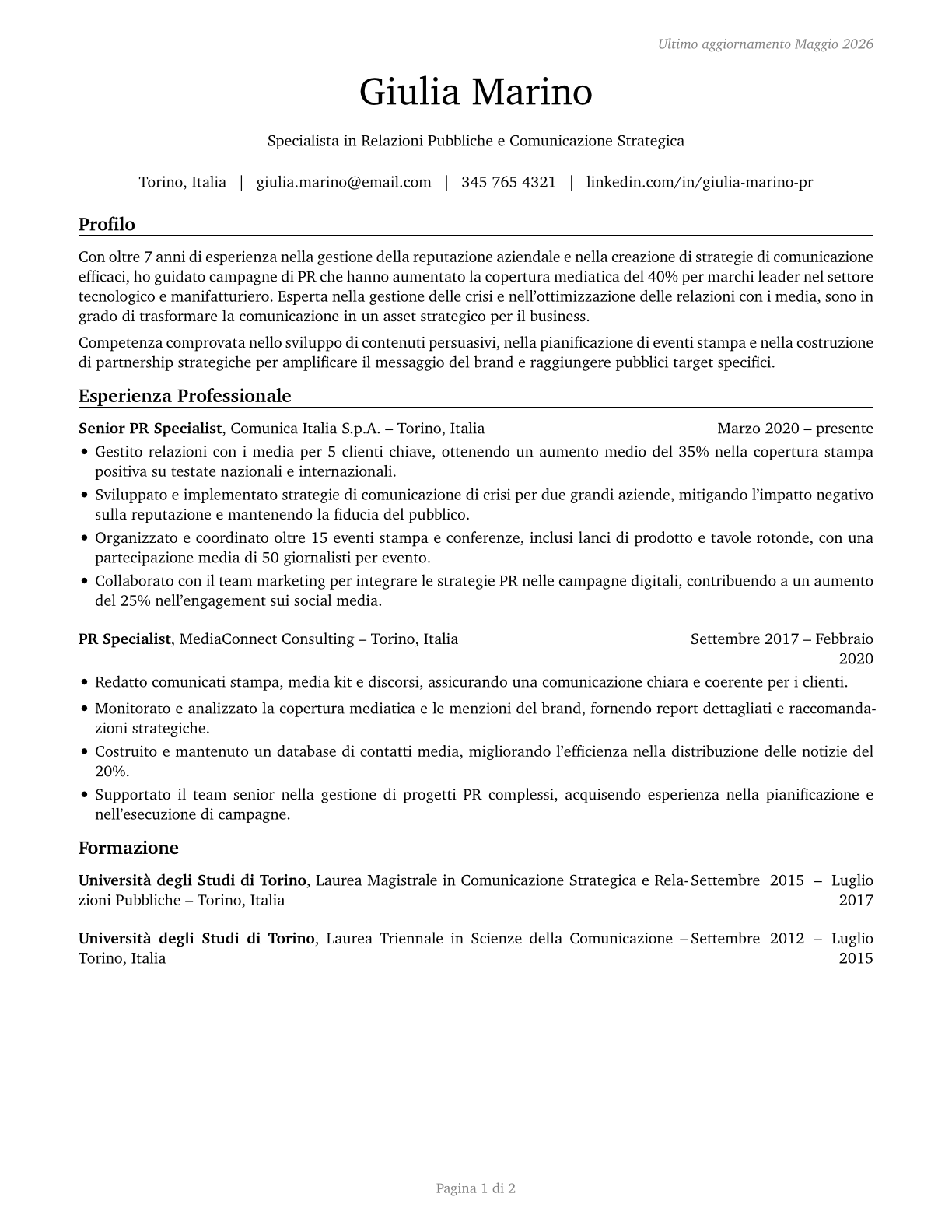 Public Relations Specialists CV in Italian — page 1