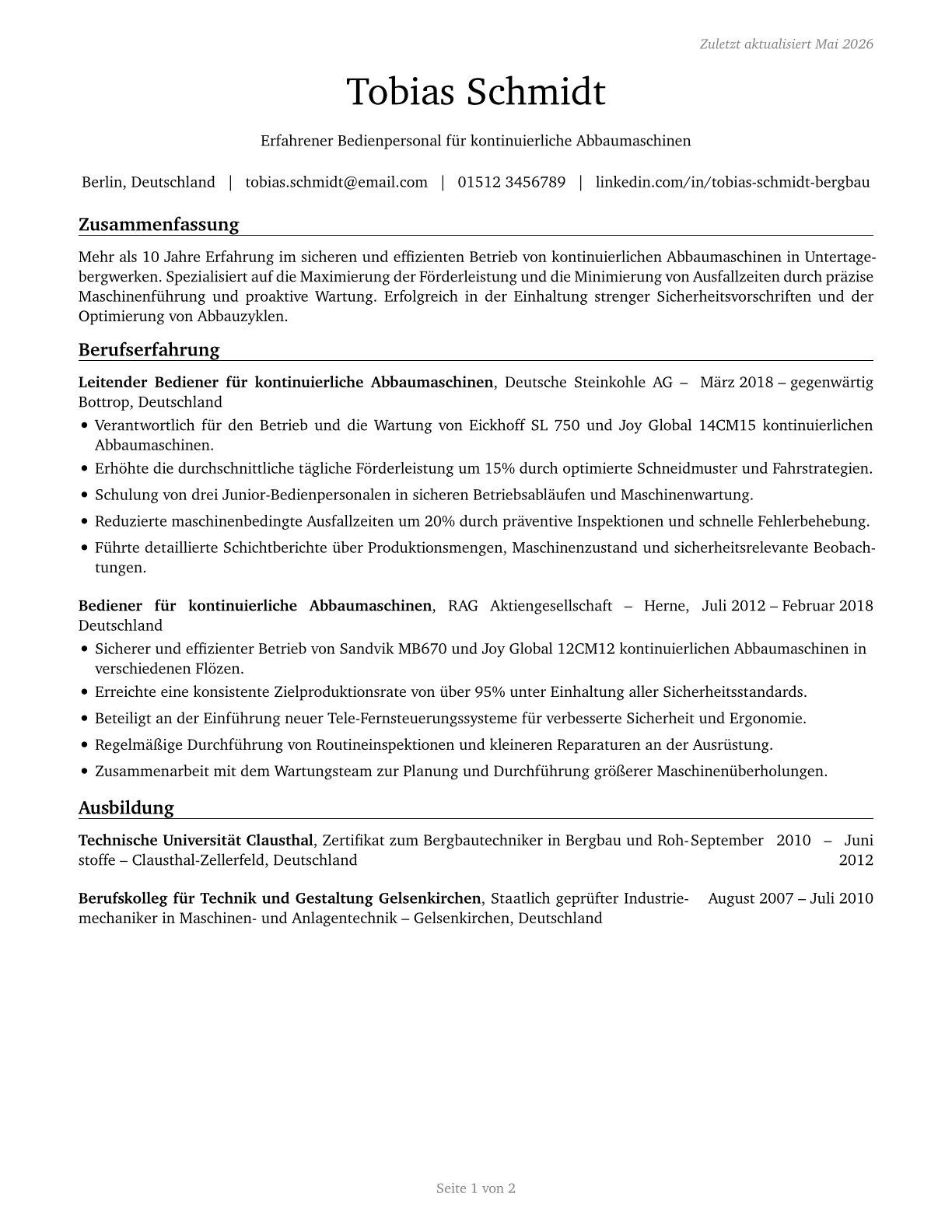 Continuous Mining Machine Operators CV in German — page 1