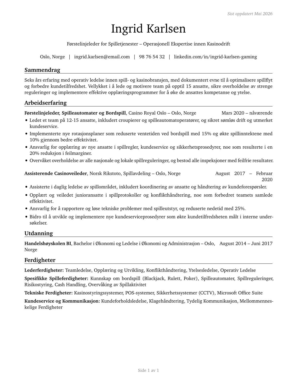 First-Line Supervisors of Gambling Services Workers CV in Norwegian_bokmal — page 1