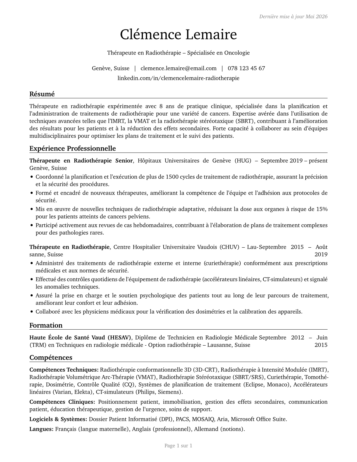 Radiation Therapists CV in French — page 1