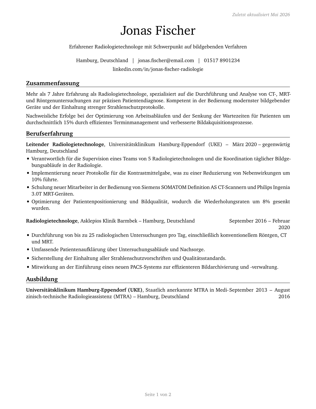 Radiologic Technologists and Technicians CV in German — page 1