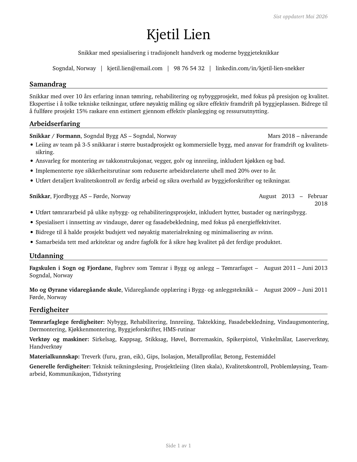 Carpenters CV in Norwegian_nynorsk — page 1