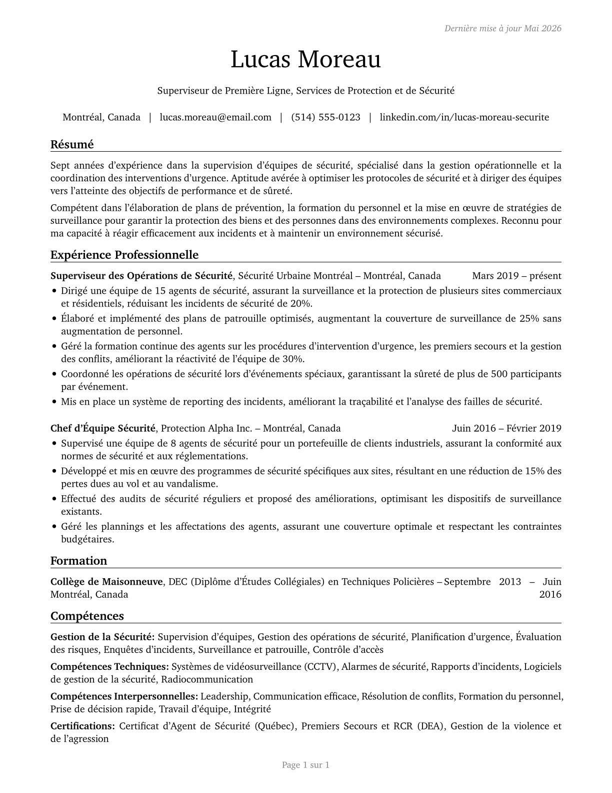 First-Line Supervisors of Protective Service Workers, All Other CV in French — page 1