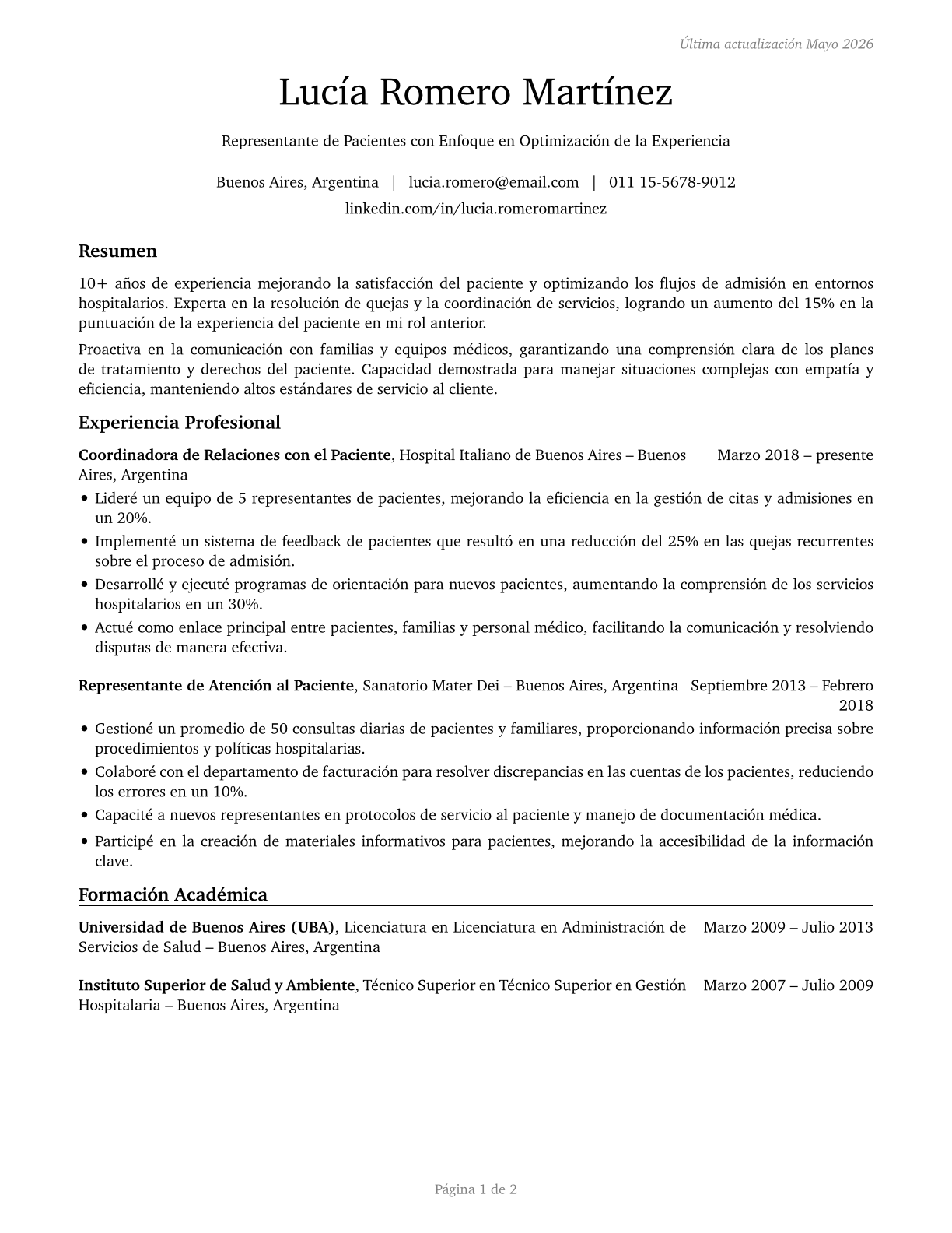 Patient Representatives CV in Spanish — page 1