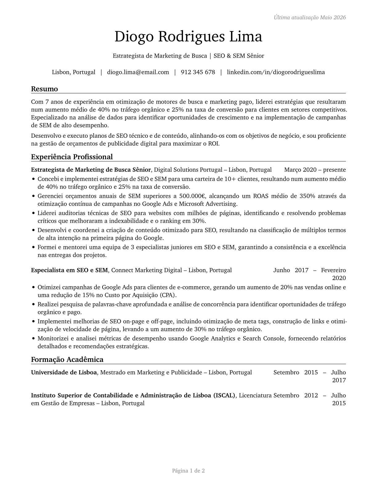 Search Marketing Strategists CV in Portuguese — page 1