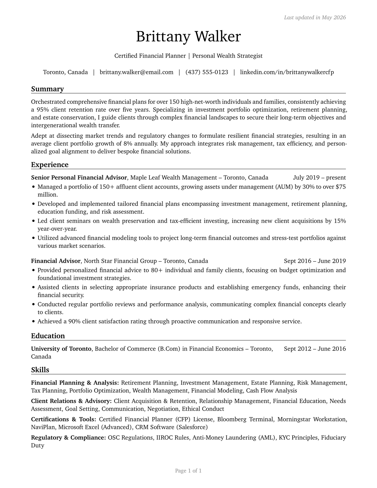 Personal Financial Advisors CV in English — page 1