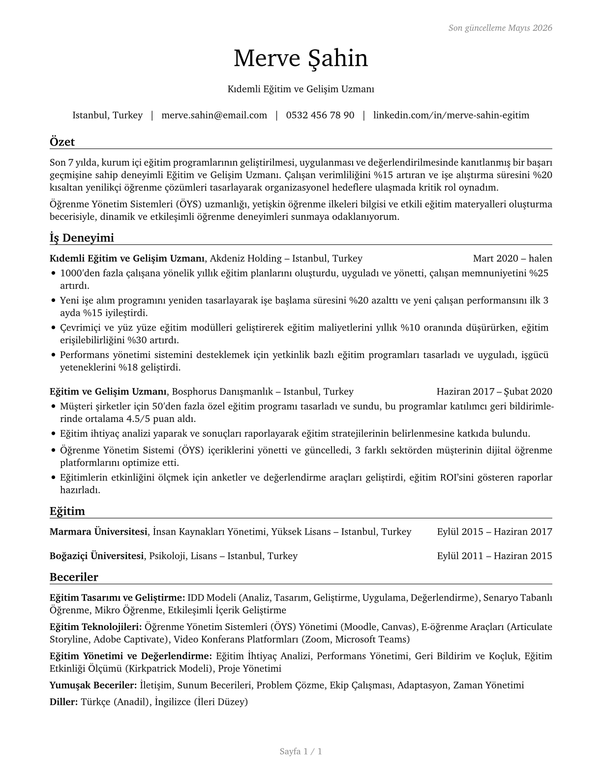 Training and Development Specialists CV in Turkish — page 1