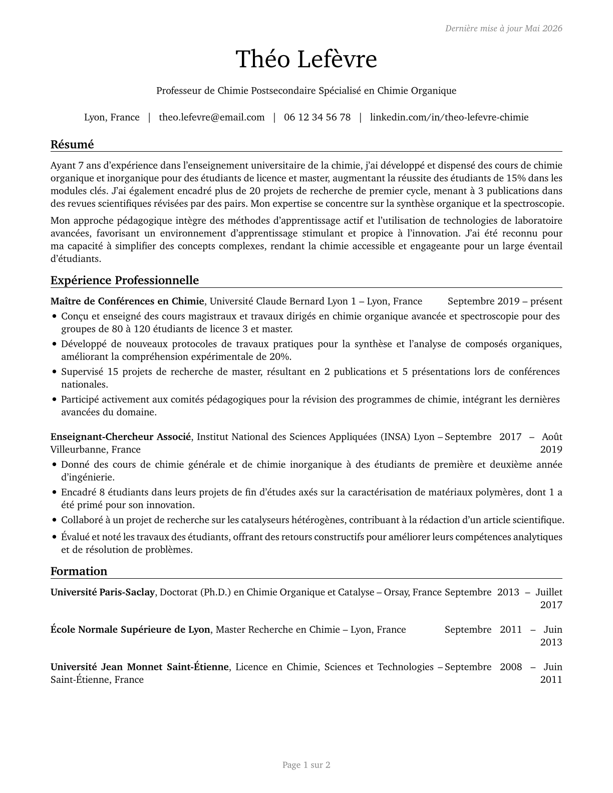 Chemistry Teachers, Postsecondary CV in French — page 1